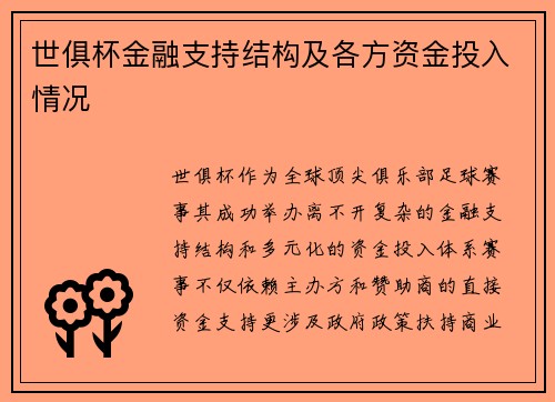 世俱杯金融支持结构及各方资金投入情况